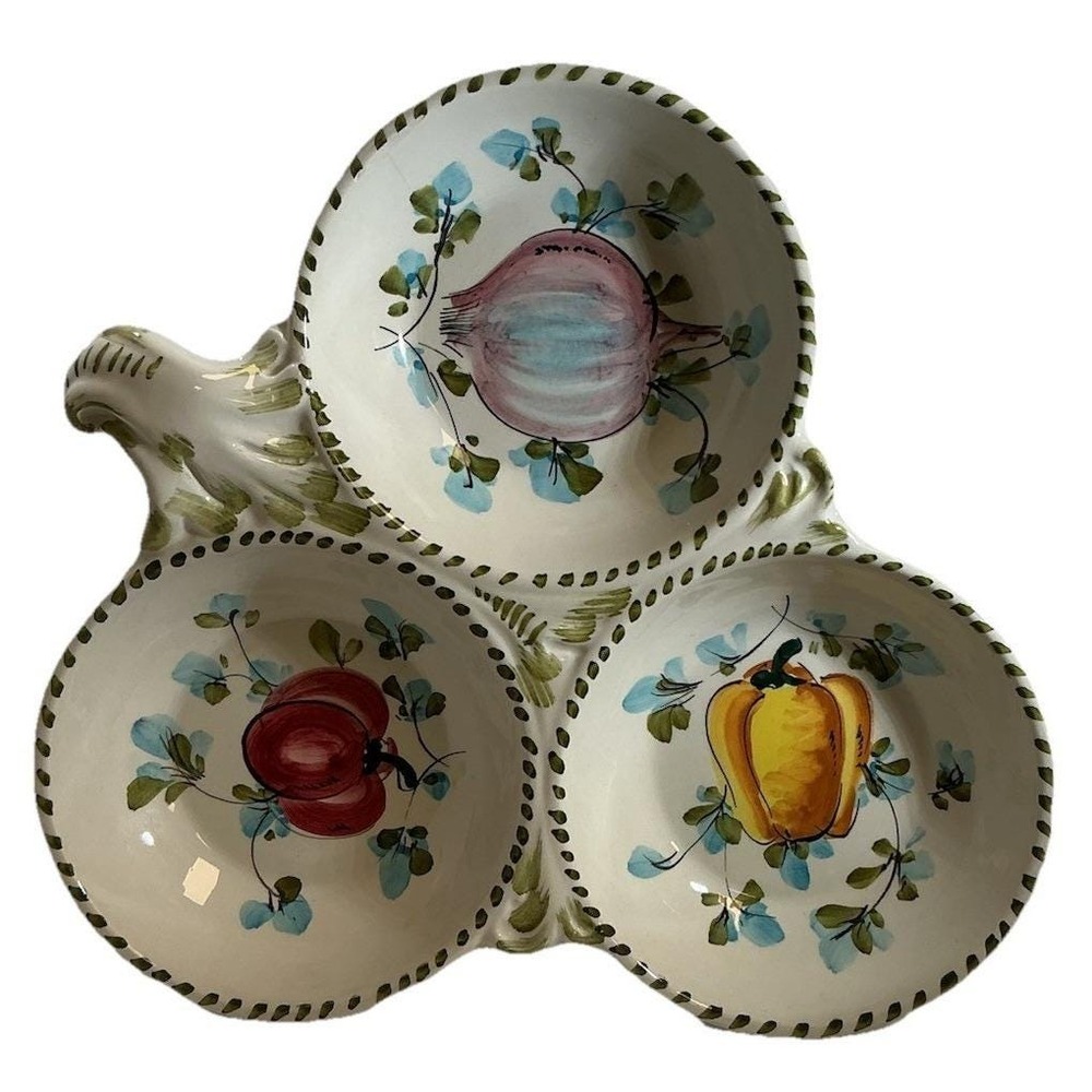 Vintage Hand Painted Italy Ceramic 3 Part Divided Serving Bowl Vegetable Motif
